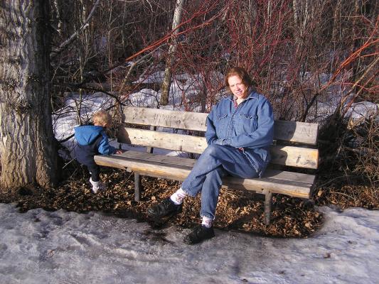 We stopped to play with the bench and the sticks.