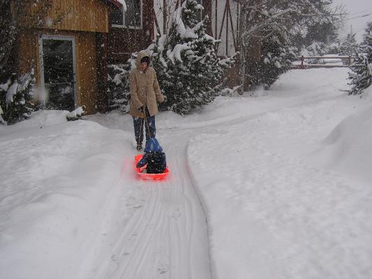A light snow falls as Katie and Noah play in the sled.