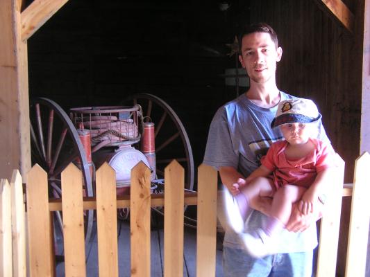 David and an old fire engine with Sarah in Virginia city