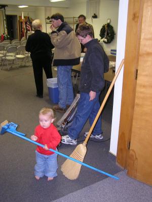 Noah helps with the cleaning.