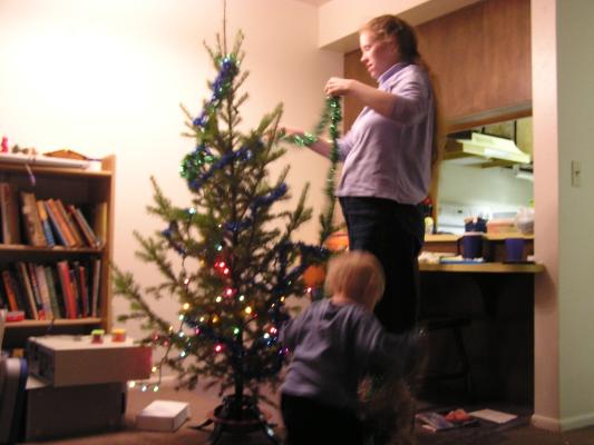 Mommy puts the green garland on the tree.
She might have a baby in her tummy.
