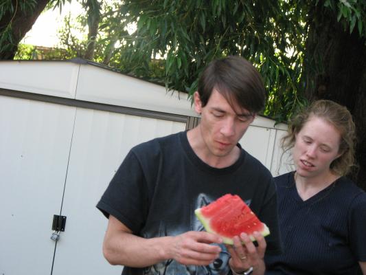 David and Katie eat watermelon