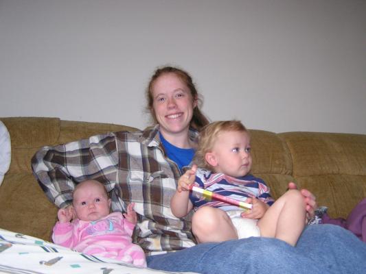Sarah, Katie, and Noah on the couch.