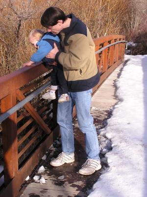 Noah knocked the ice into the river.