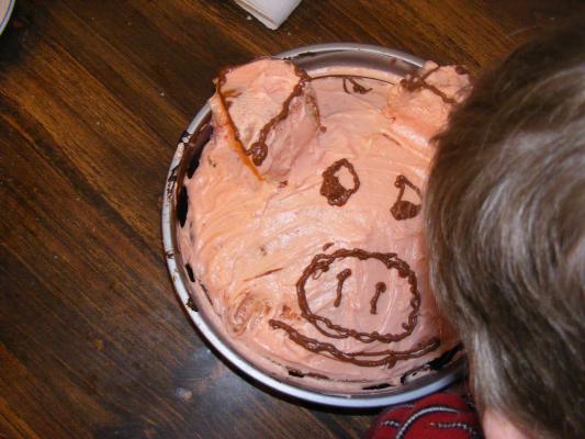 We had some leftover cake so we made a pig.