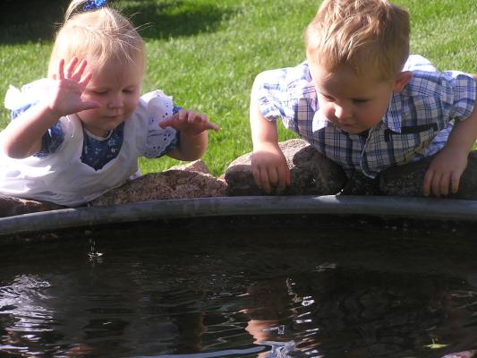 Sarah and Noah watch fish.
