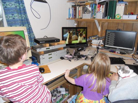 Noah, Sarah and Nimbus watch a show about cats. Garfield?