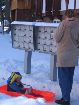 Noah and Katie use the sled to get to
the mail box to check the mail.