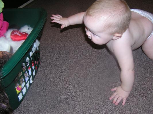 Sarah goes for the basket of toys.