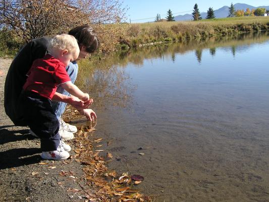 David and Noah throw some rocks into the lake.
