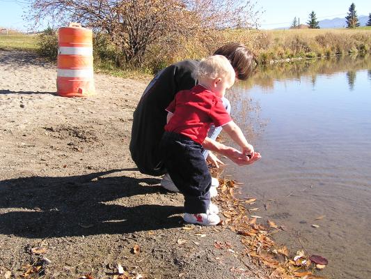 David and Noah throw some rocks into the lake.