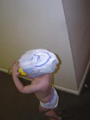 Silly Noah is wearing about three diapers.