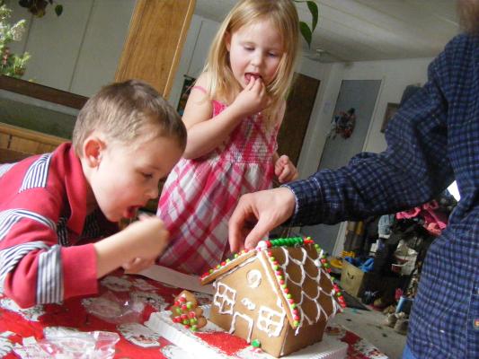 Making a gingerbread house and eating it. David eats some too.