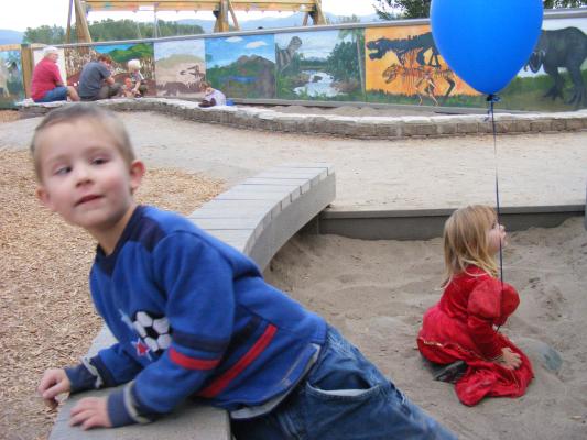 Noah and Sarah at the dinosaur park. A birthday party gave us their leftover balloon.
