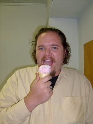 Benji with a pink icecream cone