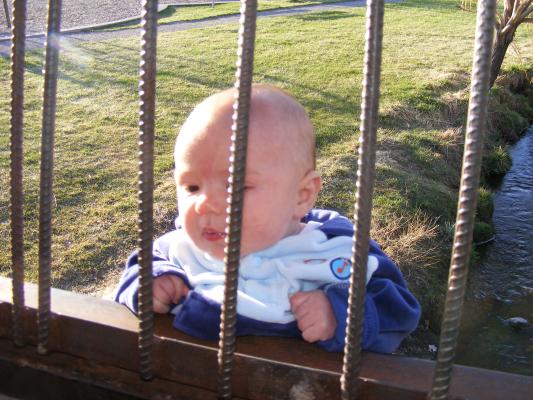 Joshua looks off the bridge at the creek.