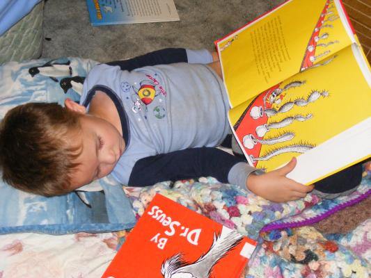Noah fell asleep reading Dr. Seuss.