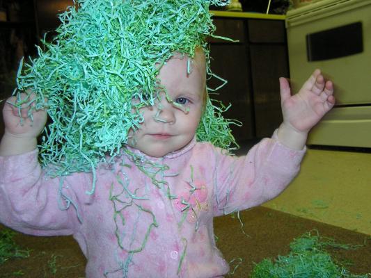 Sarah with green hair.