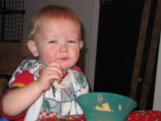 Noah eats some cerial.