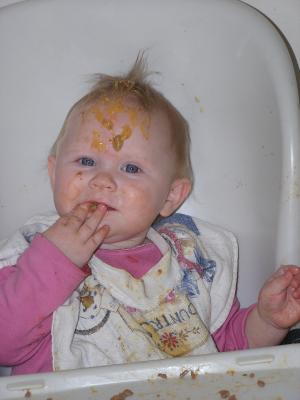 Sarah got hamburger helper on her head.