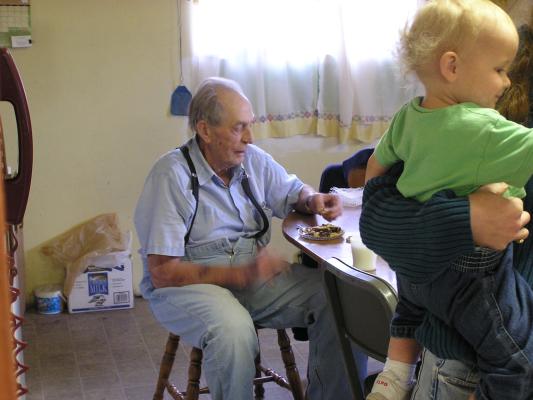 Grandpa eats pie.(He also drinks a gallon of milk a day.)