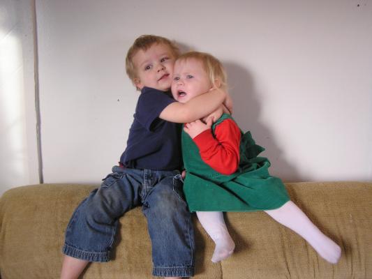 Noah and Sarah. Sarah isn't happy to have a hug