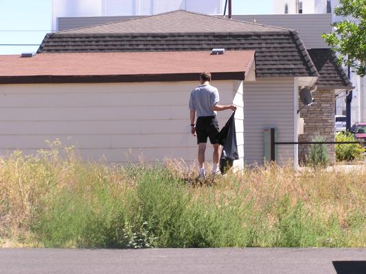 Cleaning up outside the church.