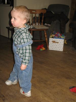 Noah in overalls.