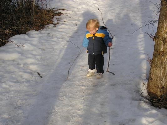 It is fun to dig in the snow with a stick.