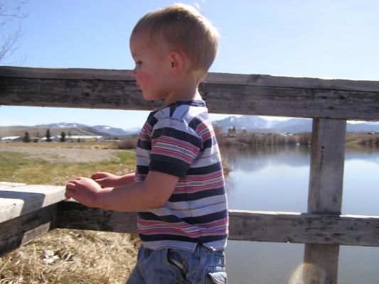 Noah throws rocks off the fishing dock.