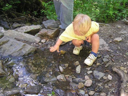 Noah looks for some good rocks to throw in the water.