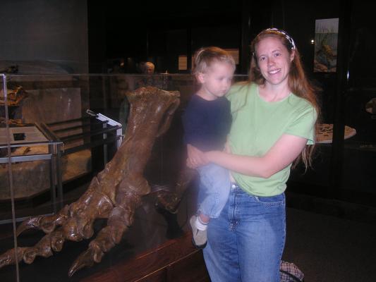 Katie and Noah look at a T-Rex foot at the Museum of the Rockies.