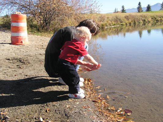 David and Noah throw some rocks into the lake.