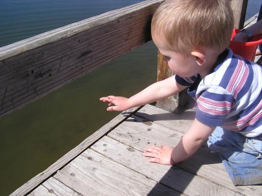 Noah throws rocks off the dock.