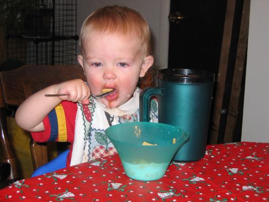 Noah eats some cerial.