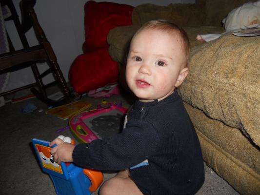 Joshua with  his first birthday Elmo-in-a-box from Grandma and Grandpa Eder. 