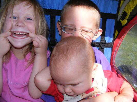 Kids playing in the bike carrier.