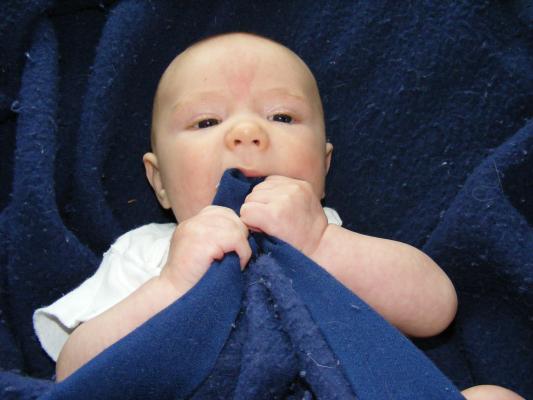 Joshua eatsa  blue blanket.