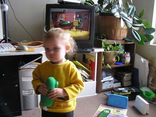 Noah is pretty excited about Larry the Cucumber.