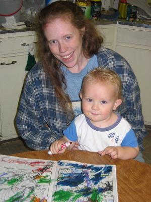 Noah and Katie color at great grandpa's house in Idaho.