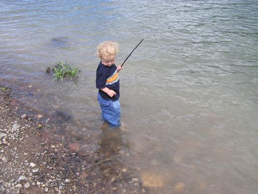 Noah is fishing ... for rocks.