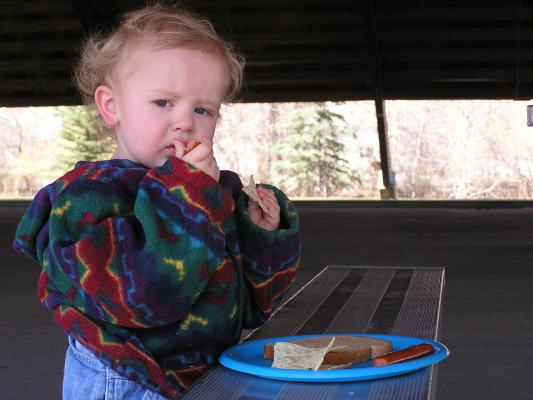 Noah eats some hotdogs and chips at the park.