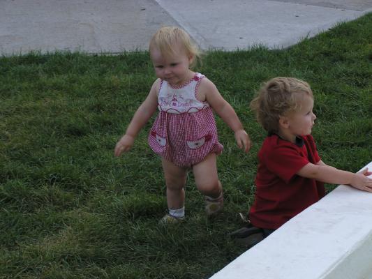 Sarah and Noah play by the Alliance Fountain