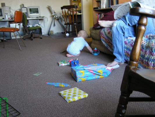 Noah leaves all of the presents and goes off to play.