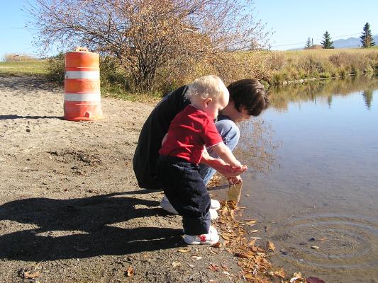 David and Noah throw some rocks into the lake.