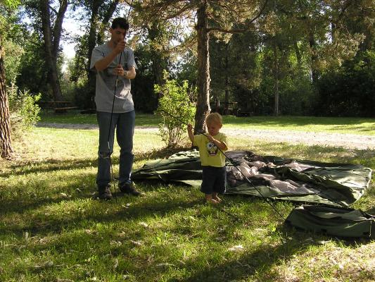 David and Noah put up the tent.