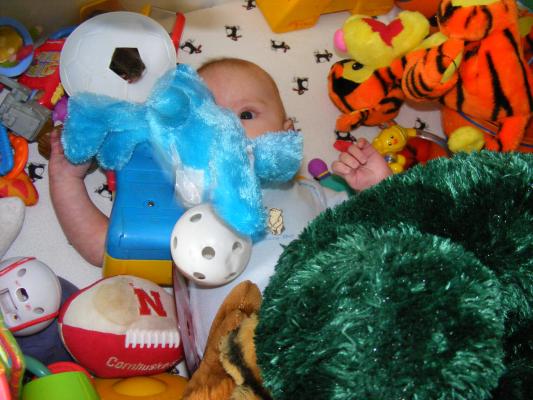 Noah got all the baby toys for Joshua to play with.