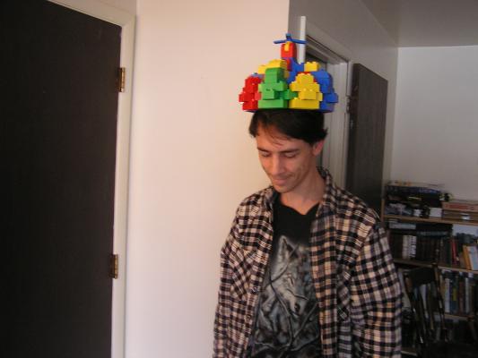 David built a crown of legos with interlocking diagonal pieces.