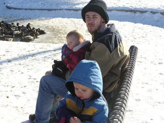 David, Sarah and Noah at the duck pond.