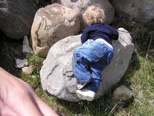 Noah climbs down off the rock.